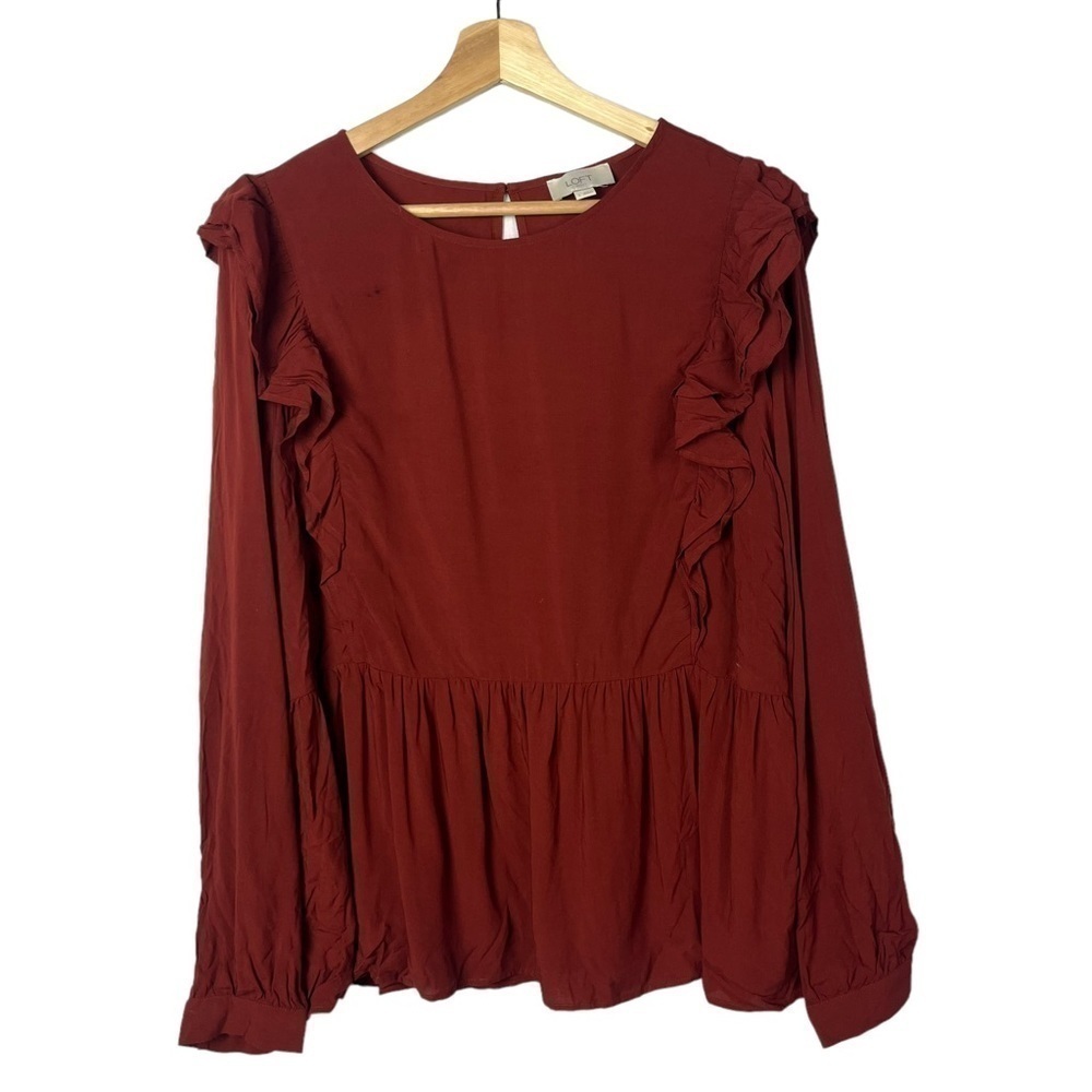 Ann Taylor LOFT Red‎ Currant Ruffle Flounce Long Sleeve Peplum Blouse L